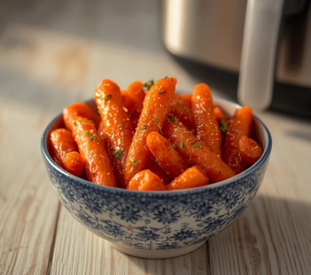 A beautiful spread of vibrant air fryer glazed carrots Easter, perfectly cooked in a white bowl with herbs.