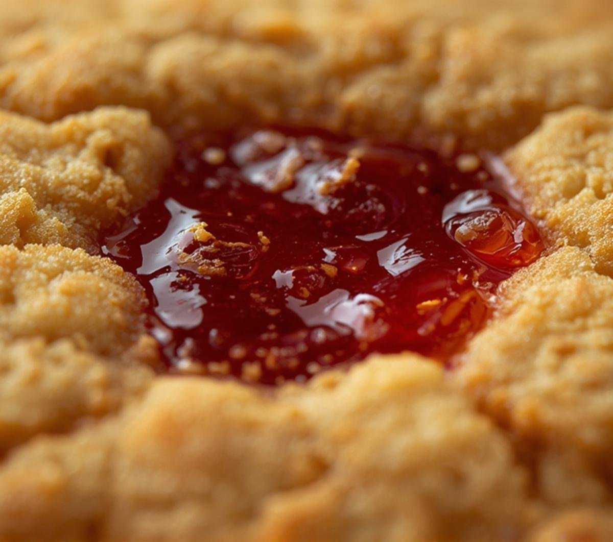 Extreme close-up of an air fryer heart shaped cookie, showcasing the sugary dough and the glossy, textured fruit jam filling.