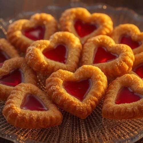A beautiful spread of golden-brown air fryer heart shaped cookies with bright red jam fillings, perfect for a treat.