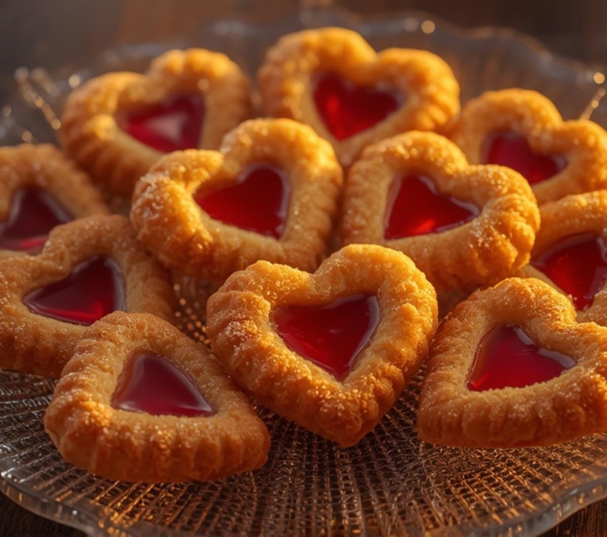 A beautiful spread of golden-brown air fryer heart shaped cookies with bright red jam fillings, perfect for a treat.
