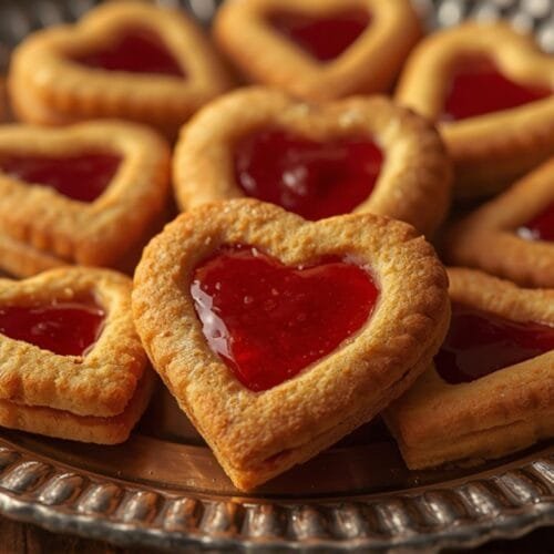 A close-up view of golden-brown air fryer heart shaped cookies filled with bright red jam, artfully arranged on a silver platter.