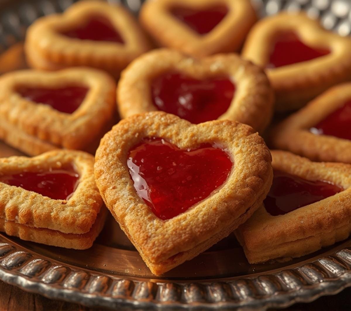 A close-up view of golden-brown air fryer heart shaped cookies filled with bright red jam, artfully arranged on a silver platter.