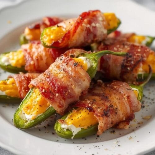 Golden brown air fryer jalapeno poppers wrapped in bacon on a white plate.