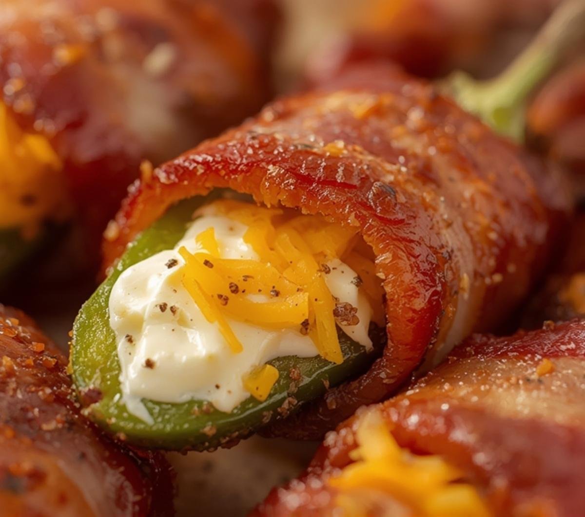 Close-up texture shot of crispy bacon wrapped air fryer jalapeno poppers.