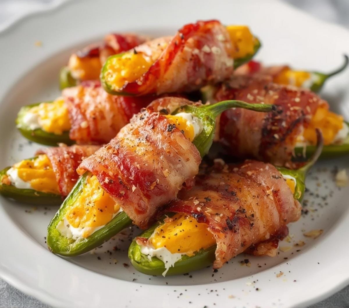 Golden brown air fryer jalapeno poppers wrapped in bacon on a white plate.