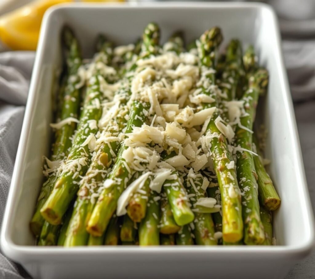 A white rectangular dish filled with vibrant green air fryer lemon asparagus, topped with grated Parmesan.