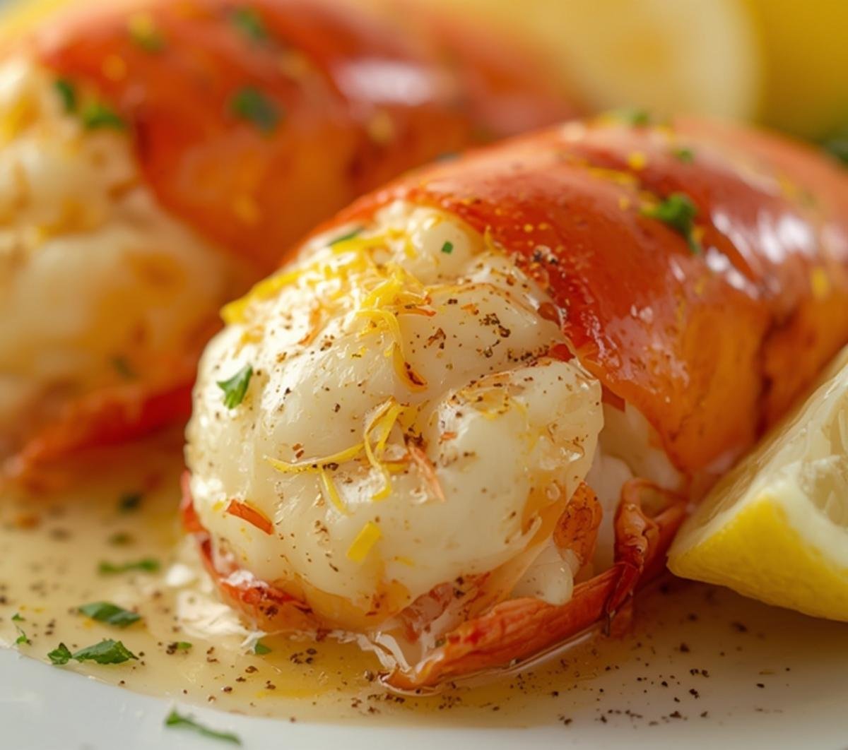 Extreme close-up of a perfectly cooked air fryer lobster tail, showing the tender white meat, red shell, and glistening lemon-garlic butter with fresh parsley.