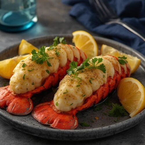 Close-up of two air fryer lobster tails with lemon-garlic butter and parsley, served on a dark plate for a Valentine's dinner.