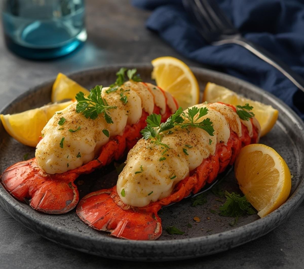 Close-up of two air fryer lobster tails with lemon-garlic butter and parsley, served on a dark plate for a Valentine's dinner.