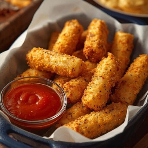 Golden, crispy air fryer mozzarella sticks served with warm marinara dipping sauce for a perfect game day appetizer.