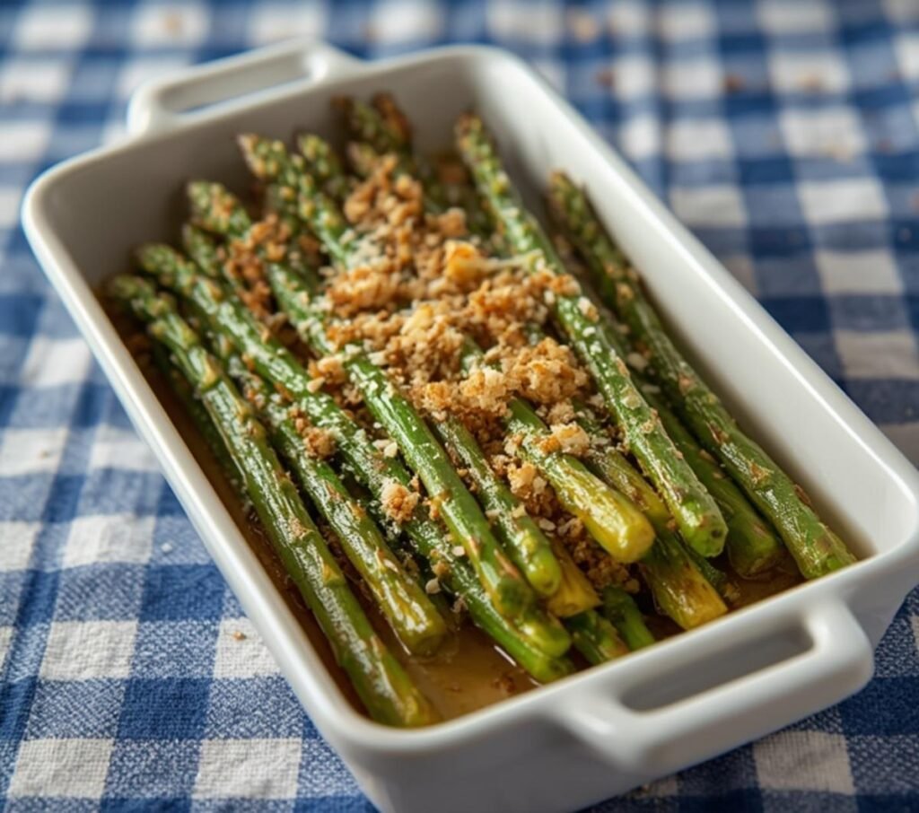A full serving dish of perfectly roasted air fryer parmesan asparagus on a checkered tablecloth.