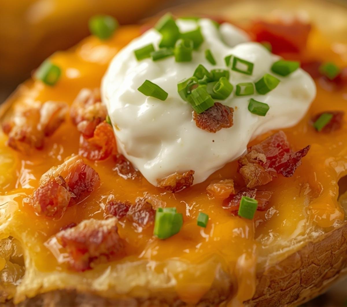 Macro close-up of melted cheese and crispy bacon on air fryer potato skins with chives.