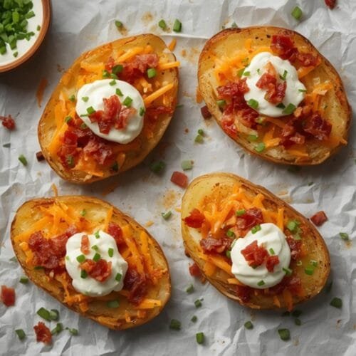 Air fryer potato skins super bowl with melted cheese, bacon, and sour cream on parchment paper.