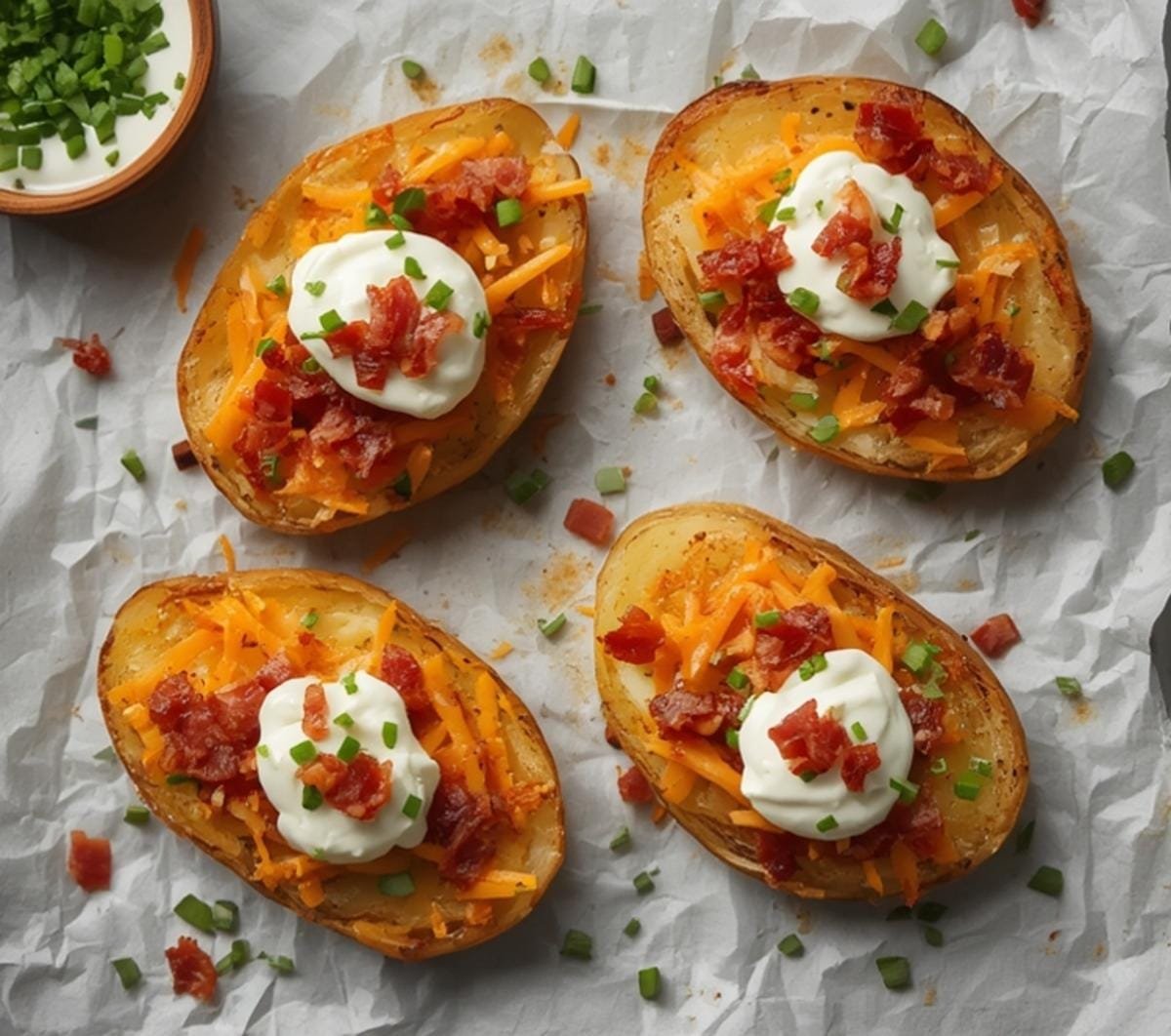 Air fryer potato skins super bowl with melted cheese, bacon, and sour cream on parchment paper.