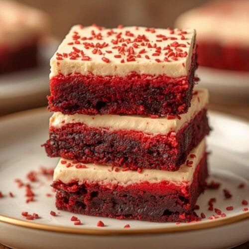 A stack of two beautifully layered Air Fryer Red Velvet Brownies on a white plate, topped with red sprinkles, showcasing their rich color and texture for an irresistible dessert.