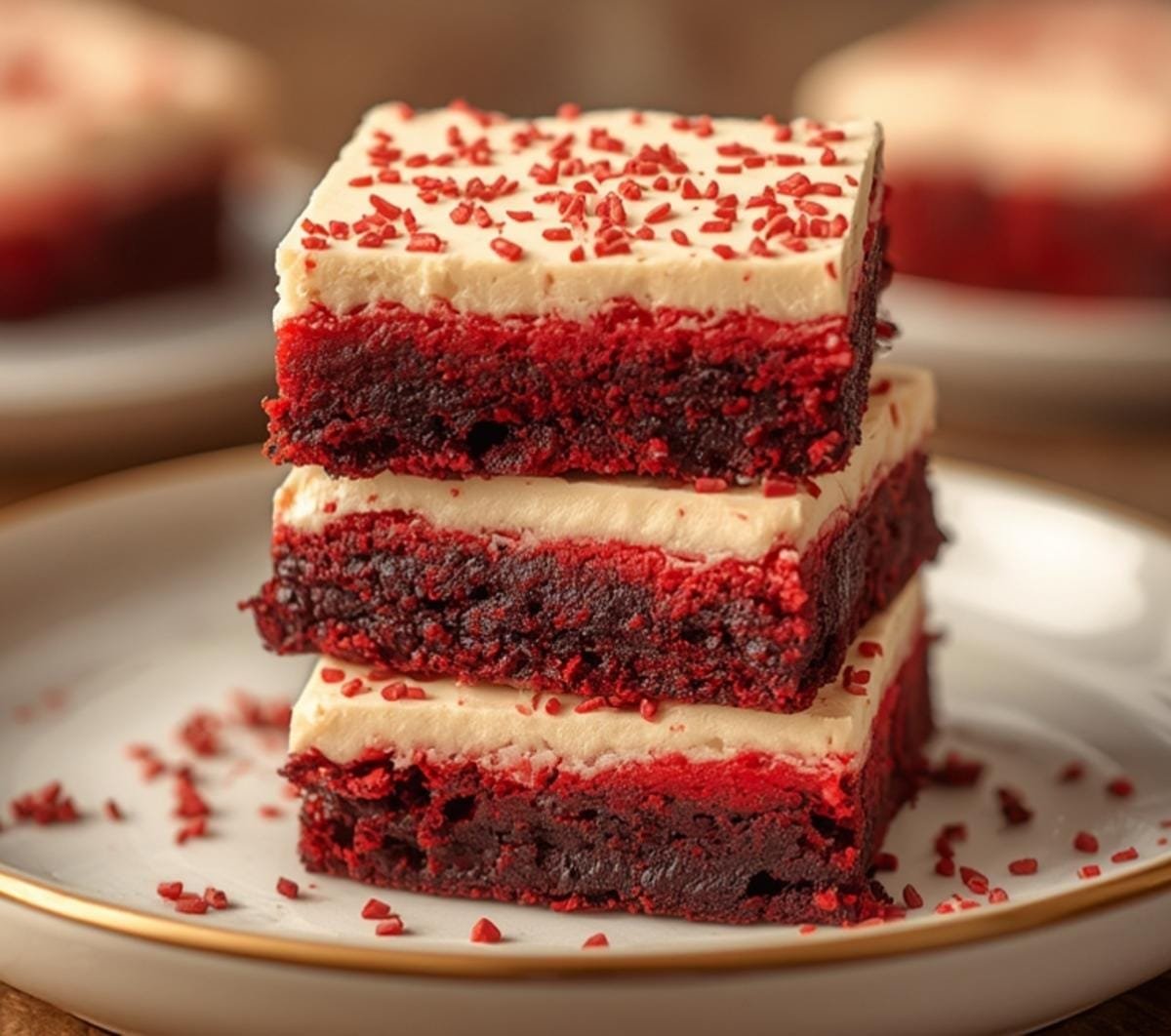 A stack of two beautifully layered Air Fryer Red Velvet Brownies on a white plate, topped with red sprinkles, showcasing their rich color and texture for an irresistible dessert.