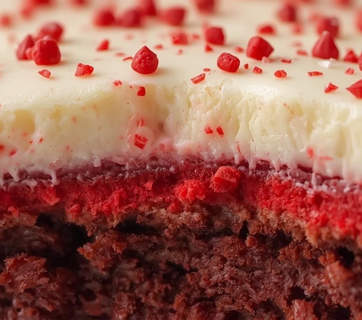 Extreme close-up of an Air Fryer Red Velvet Brownie, highlighting the moist, fudgy layers of red velvet and creamy white frosting with red sprinkles.