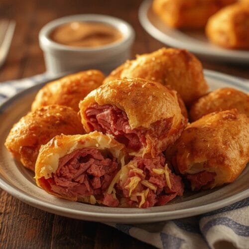 A close-up shot of crispy air fryer Reuben egg rolls with a side of dipping sauce.