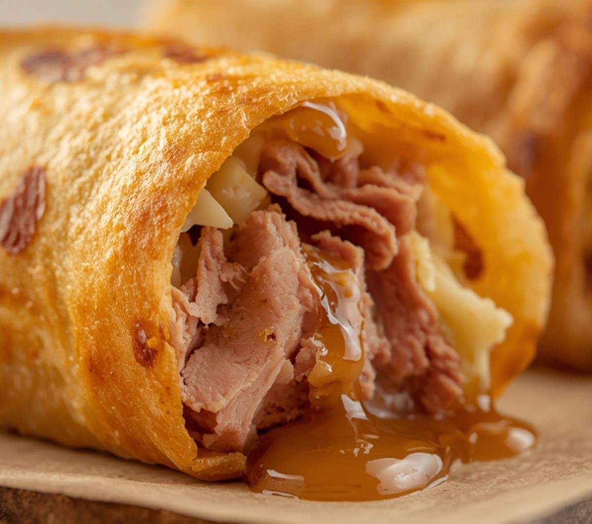 Close-up of the delicious filling in an air fryer Reuben egg roll, showcasing texture.