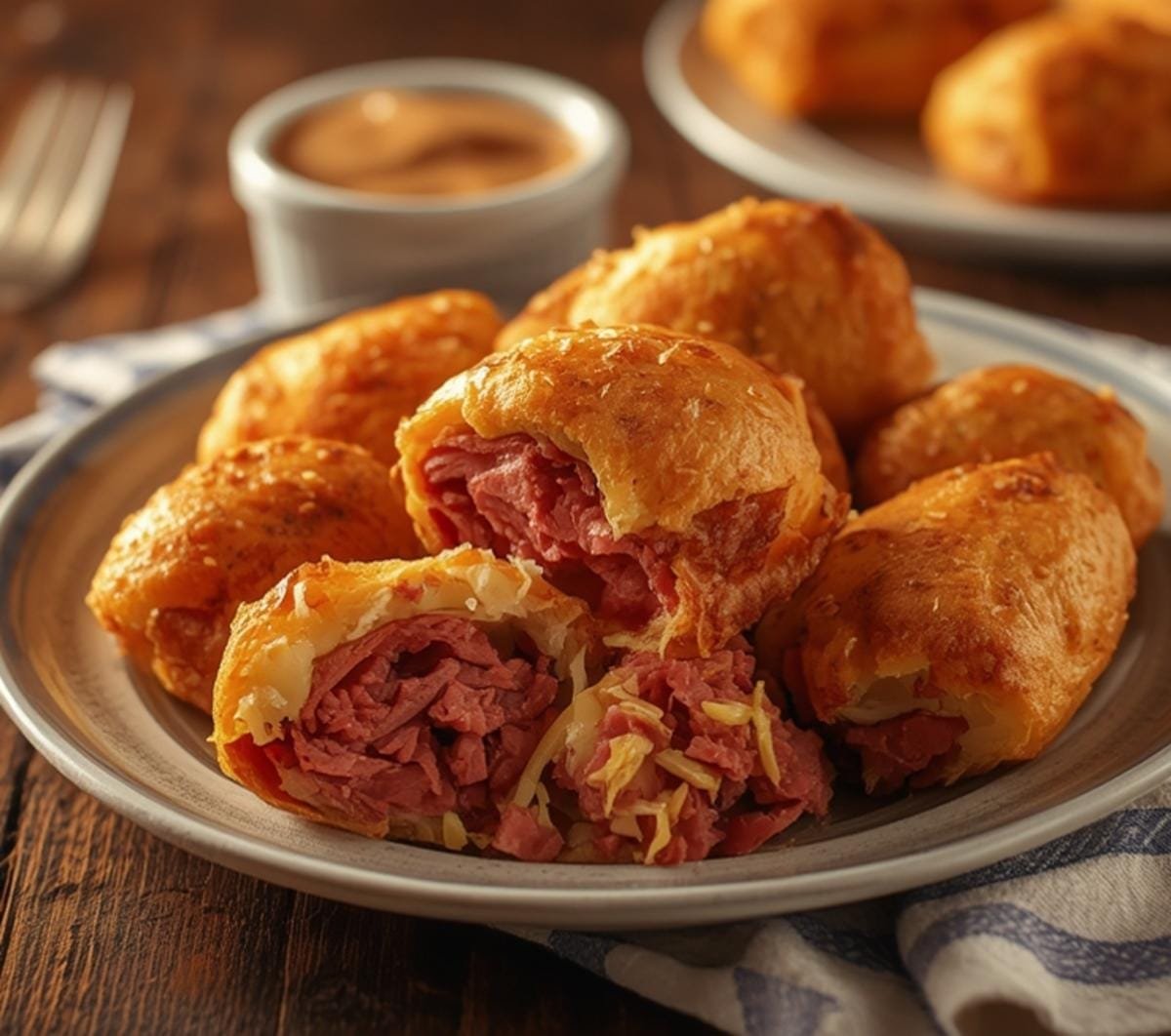A close-up shot of crispy air fryer Reuben egg rolls with a side of dipping sauce.