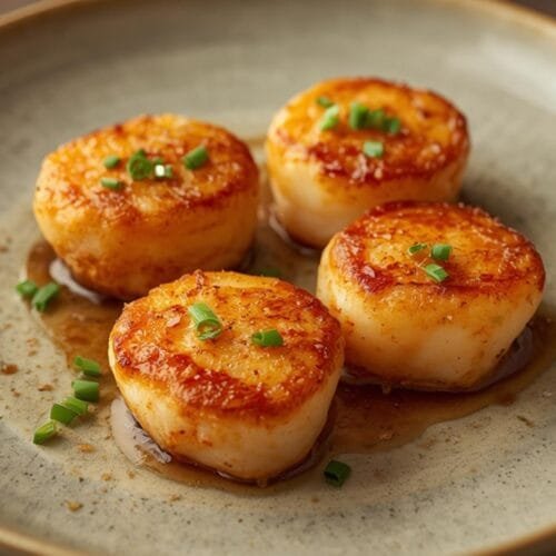 A plate of golden-brown air fryer scallops garnished with chives, perfect for a romantic date night.