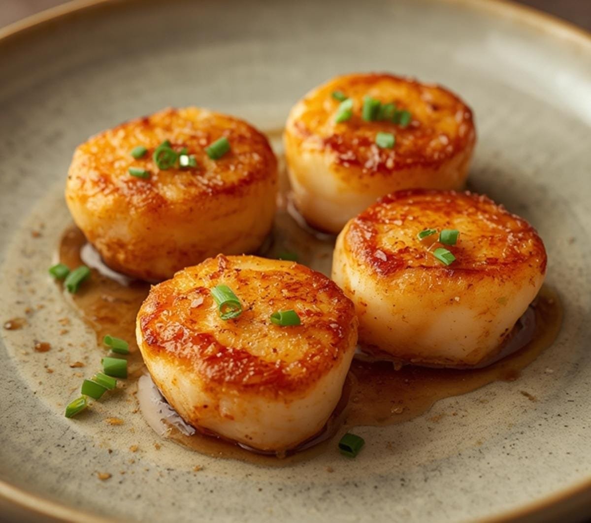 A plate of golden-brown air fryer scallops garnished with chives, perfect for a romantic date night.