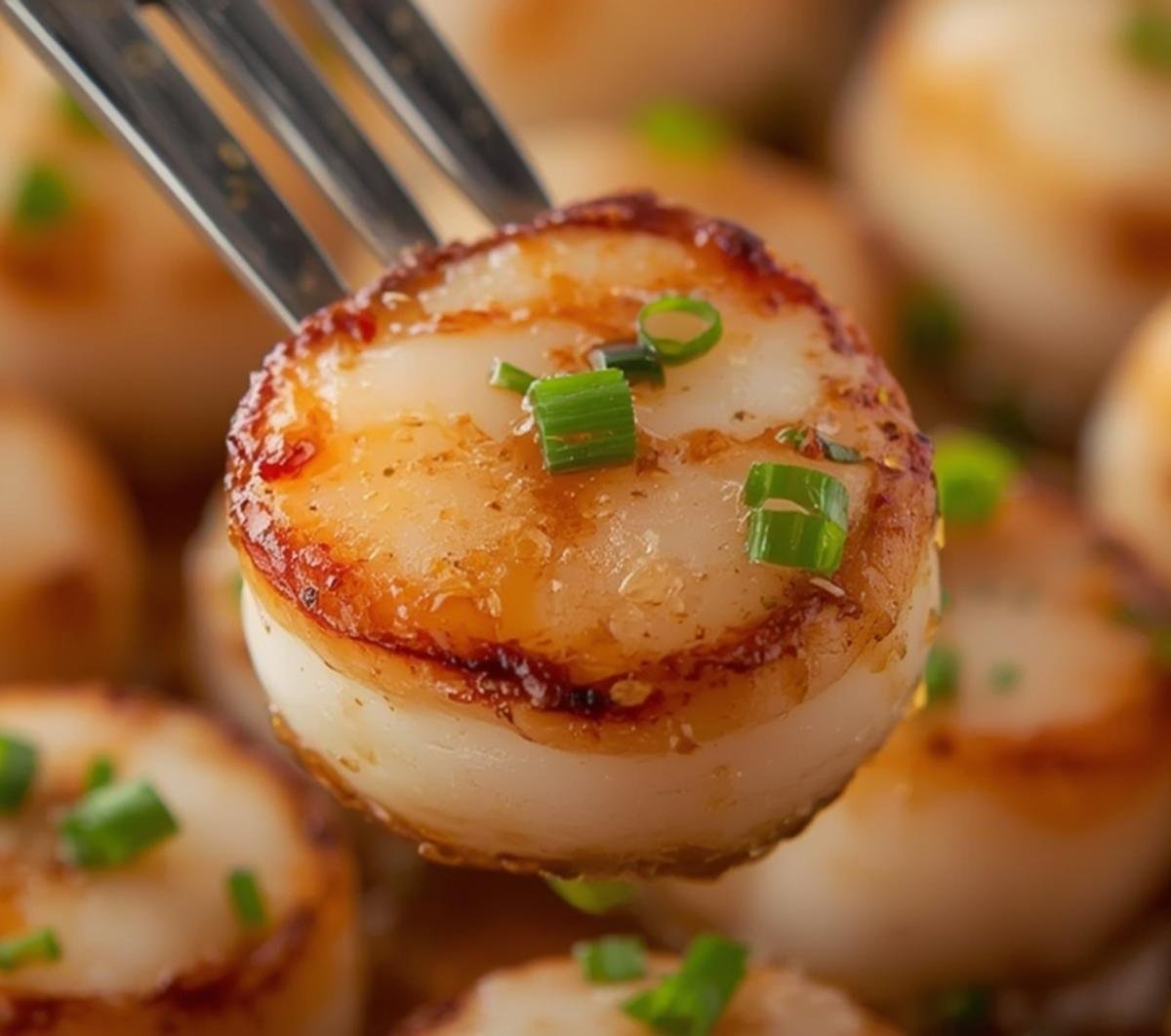 Extreme close-up of a miso-glazed air fryer scallop on a fork, highlighting its succulent texture and golden sear.