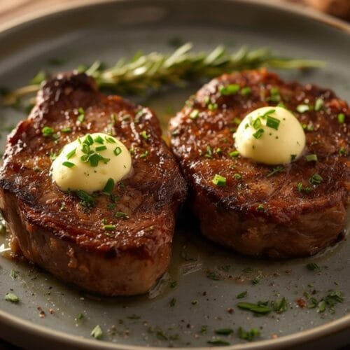 Two beautifully seared air fryer ribeye steaks with melting herb butter on a plate for a romantic dinner.