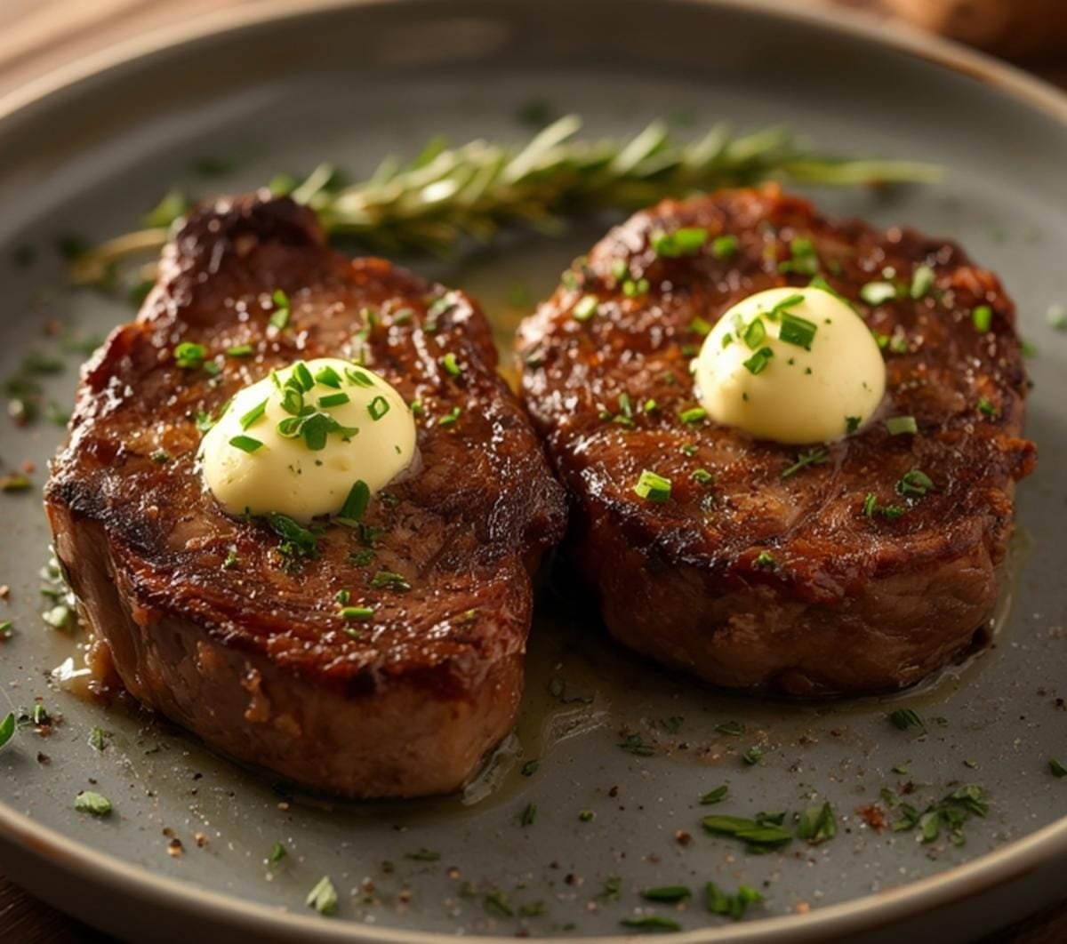 Two beautifully seared air fryer ribeye steaks with melting herb butter on a plate for a romantic dinner.