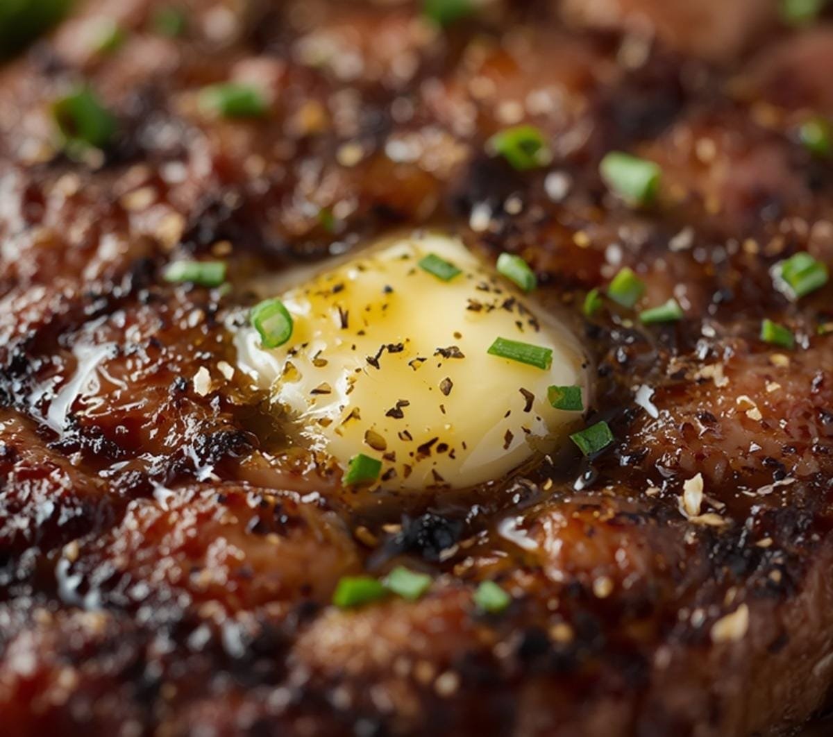 Extreme close-up of melted garlic and herb butter, including parsley, chives, thyme, rosemary, on a sizzling air fryer ribeye steak, showcasing texture.