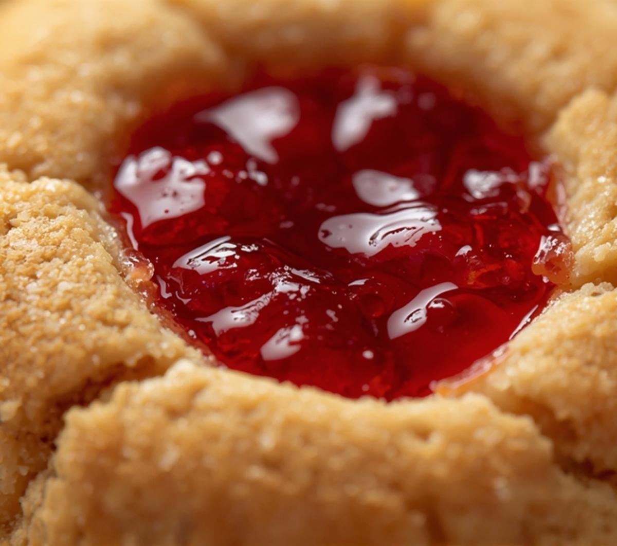 Extreme close-up of an air fryer heart shaped cookie, highlighting the crisp golden crust and the glistening red jam filling.