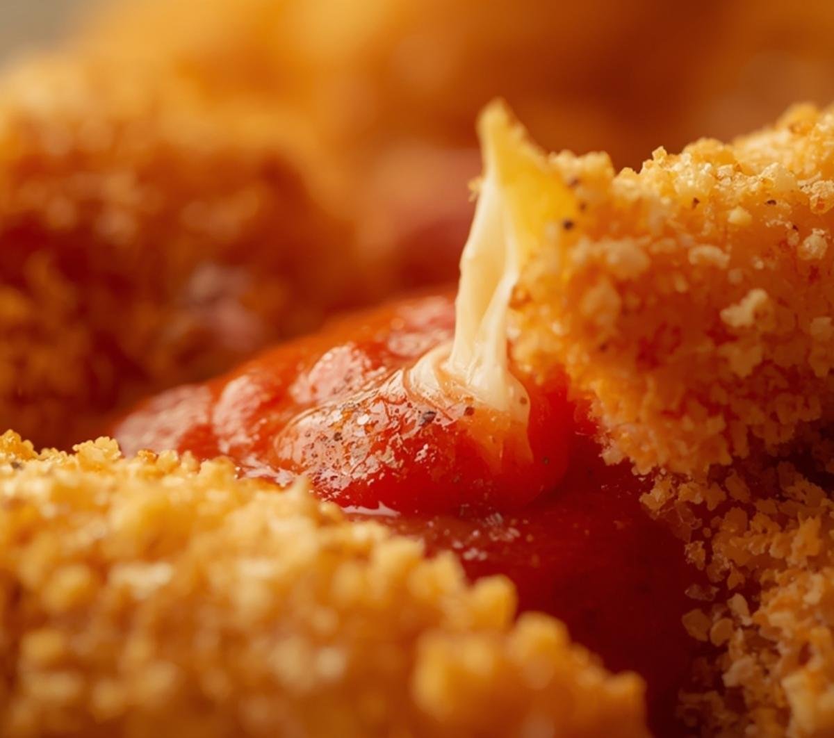 Macro shot of the detailed, golden panko crust and melted cheese center of an air fryer mozzarella stick.