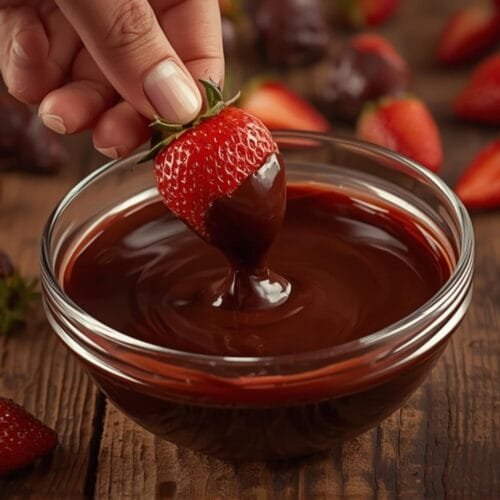 A hand dunks a ripe red strawberry into a bowl of melted chocolate, illustrating preparation for air fryer chocolate covered strawberries.