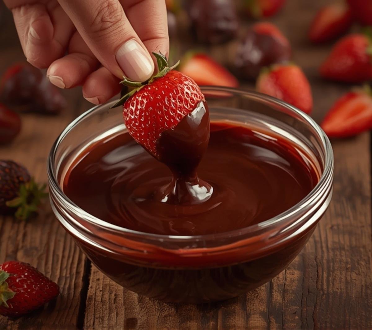 A hand dunks a ripe red strawberry into a bowl of melted chocolate, illustrating preparation for air fryer chocolate covered strawberries.