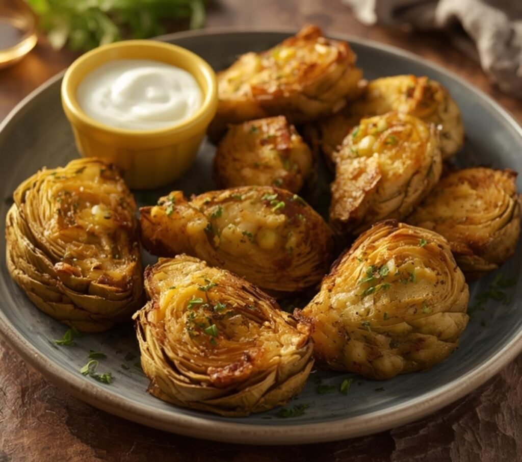 A gray plate filled with perfectly golden air fryer artichoke hearts alongside a creamy white dip.