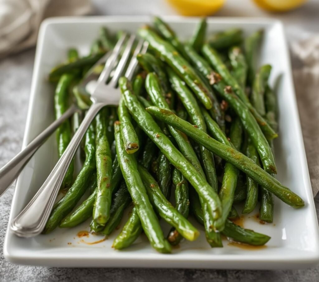 A beautiful platter of perfectly cooked air fryer fresh green beans, ready to be served.