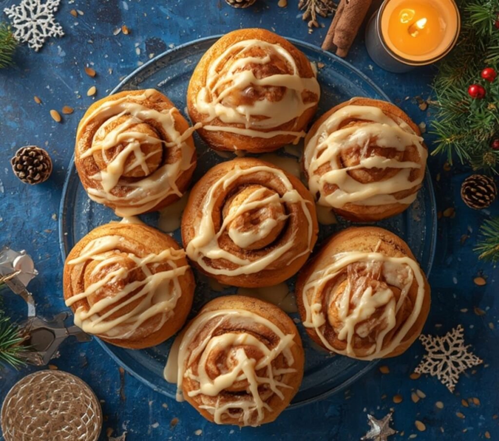 A festive overhead shot of freshly baked Air Fryer Cinnamon Rolls on a dark background