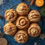 A festive overhead shot of freshly baked Air Fryer Cinnamon Rolls on a dark background