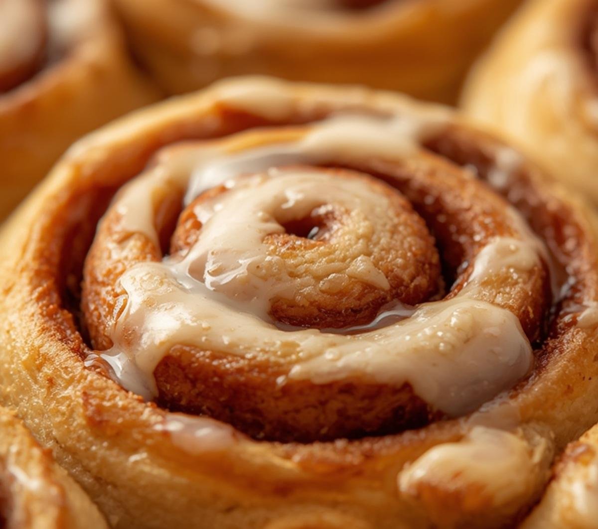 Close-up of the sticky cinnamon filling and cream cheese glaze on Air Fryer Cinnamon Rolls