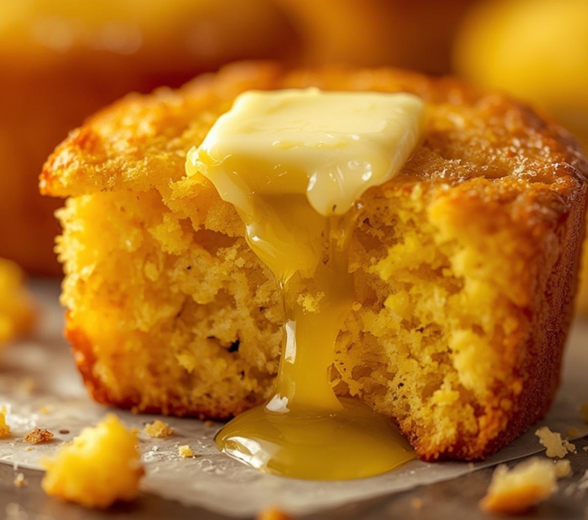 Macro detail of the porous texture and melting butter on Air Fryer Cornbread