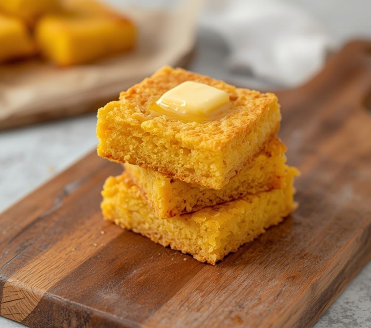 A warm stack of golden Air Fryer Cornbread topped with melting butter on a board