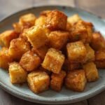 A beautiful pile of golden brown Air Fryer Croutons served on a ceramic plate.