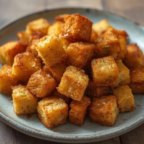 A beautiful pile of golden brown Air Fryer Croutons served on a ceramic plate.