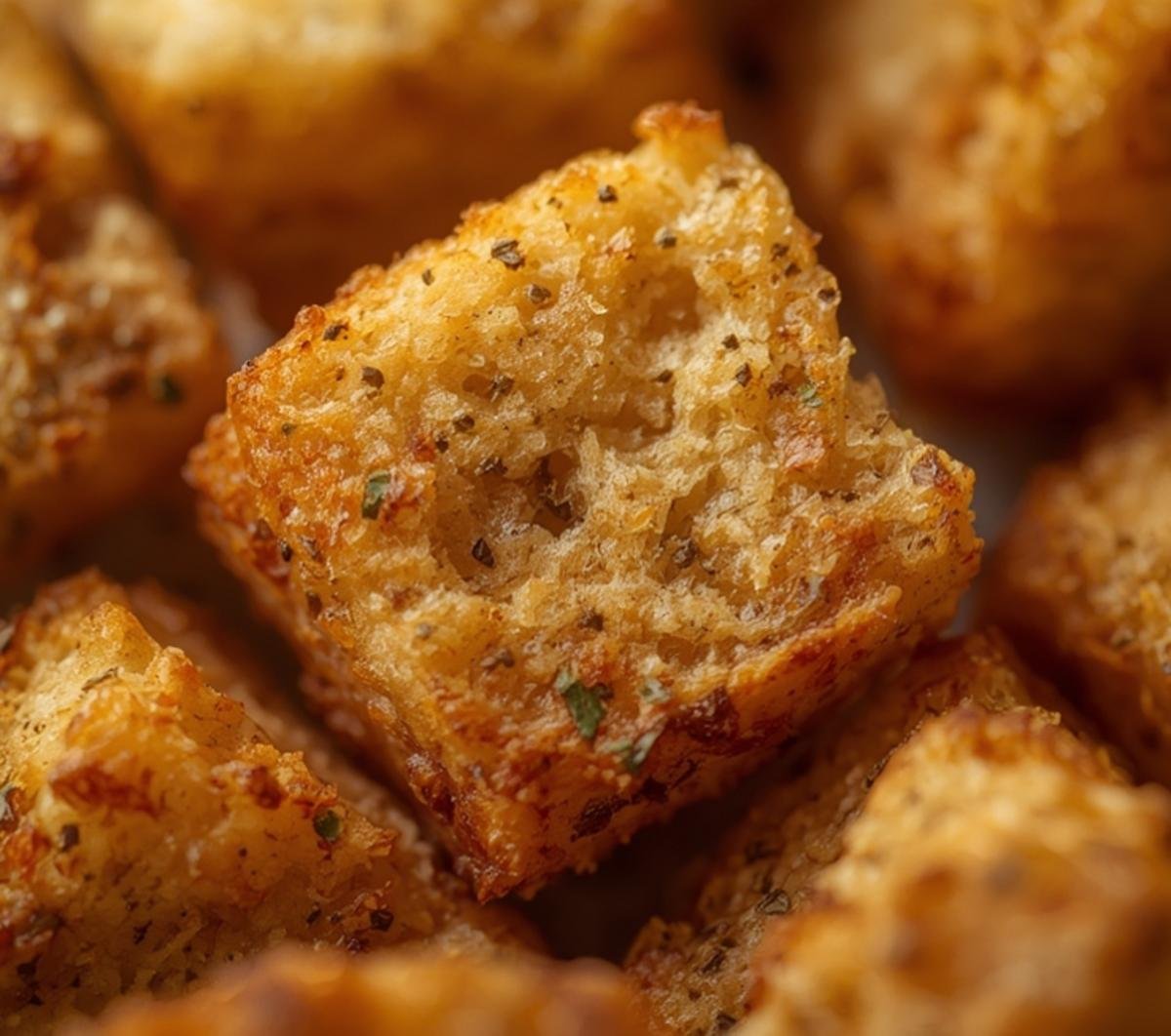 Close-up of crispy textures and herbs on these delicious homemade Air Fryer Croutons.