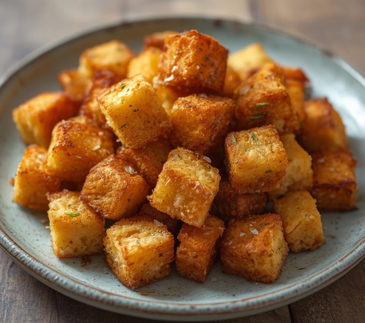 A beautiful pile of golden brown Air Fryer Croutons served on a ceramic plate.