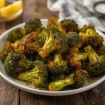 A rustic white plate serving crispy, seasoned Air Fryer Frozen Broccoli on a wooden table