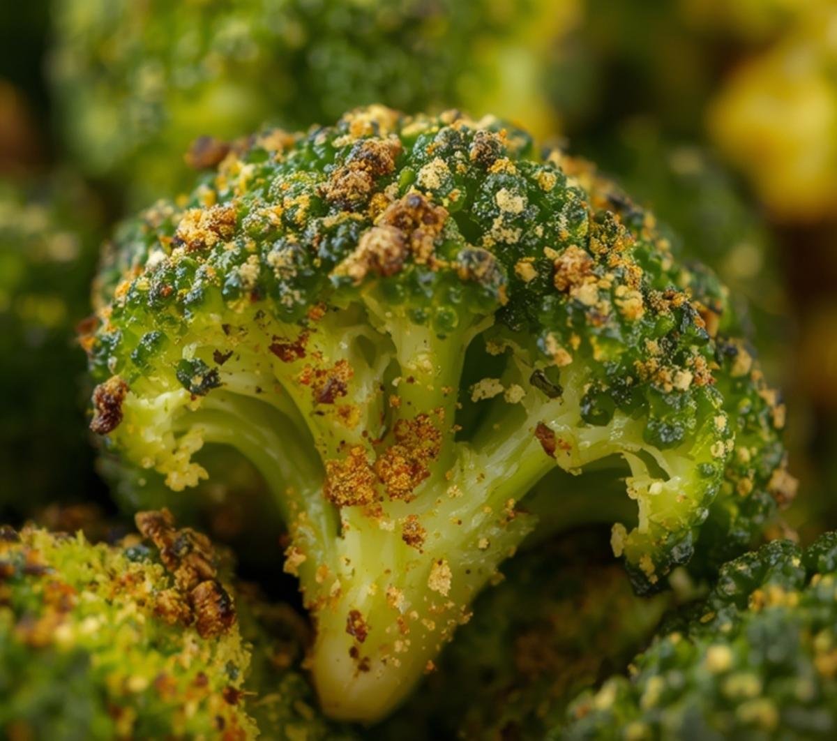 Extreme close-up shot highlighting the crispy texture of seasoned Air Fryer Frozen Broccoli florets