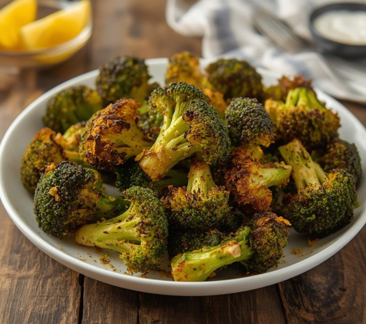 A rustic white plate serving crispy, seasoned Air Fryer Frozen Broccoli on a wooden table