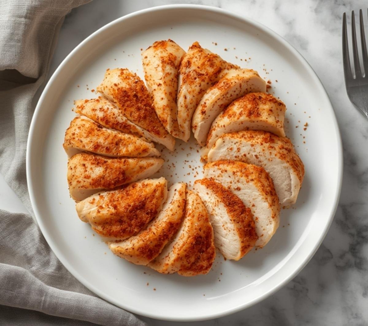 Perfectly sliced and seasoned Air Fryer Frozen Chicken breast served on a clean white plate