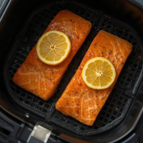 Two cooked salmon fillets with lemon slices prepared in an Air Fryer Frozen Salmon recipe.